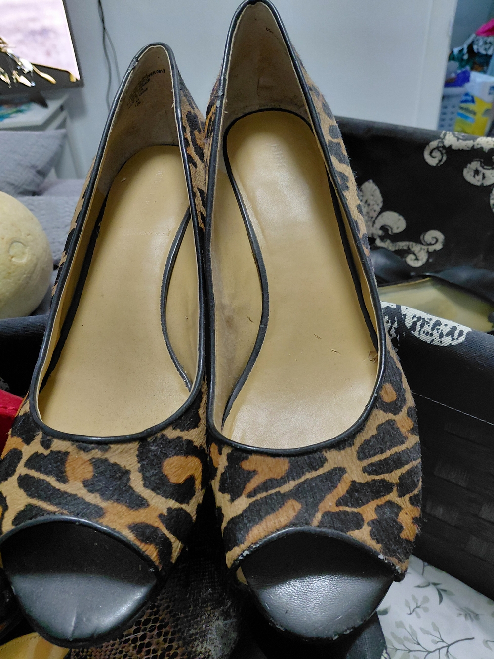 Nine West Leopard Print Peep-Toe Heels - Black & Brown - 3 Inch Heel
